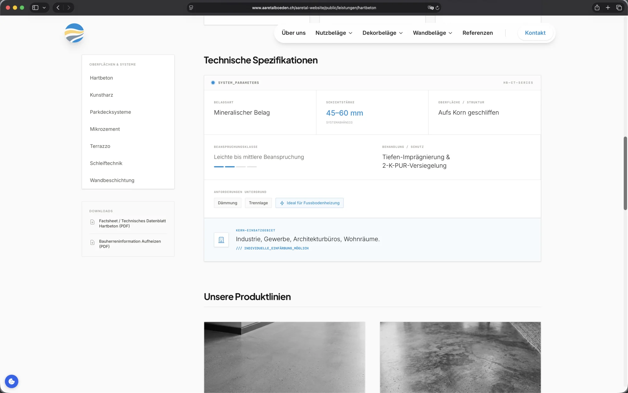 Aaretal Böden Website – Technische Spezifikationen