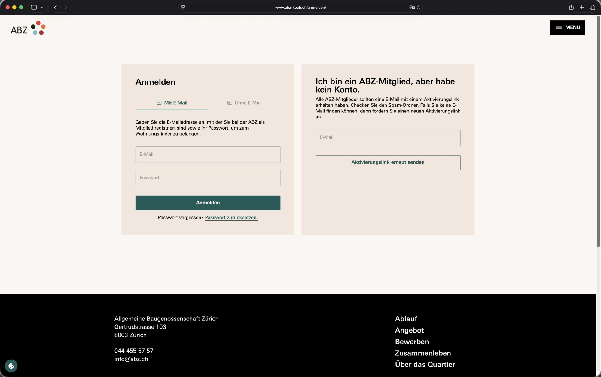 ABZ Koch Website – Mitglieder-Login